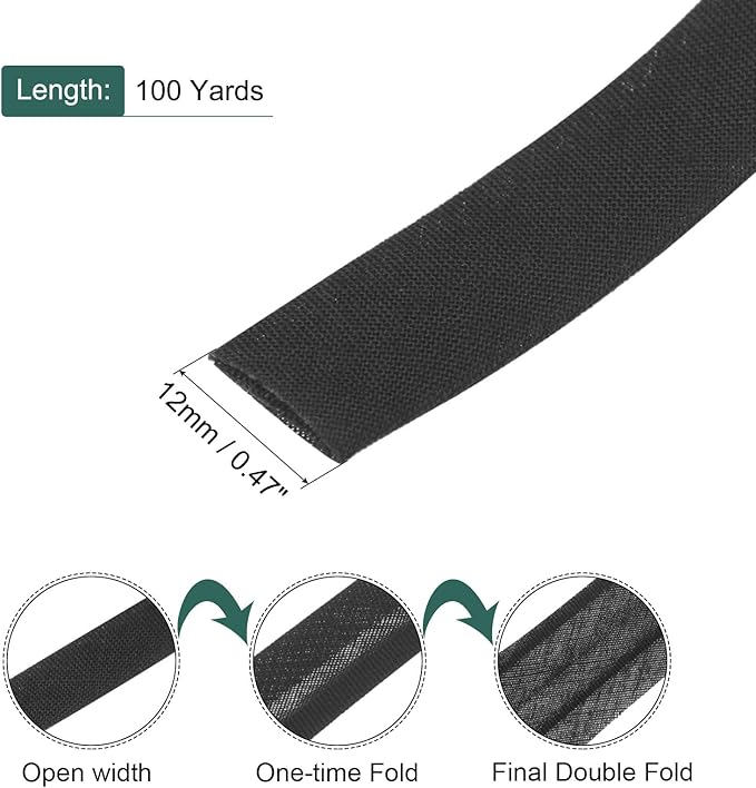MECCANIXITY 1/2 Inch Double Fold Bias Tape Polyester Continuous Bulk Bias Tape for Sewing, Seaming Quilting Hemming Binding Crafts (Black 100 Yards)