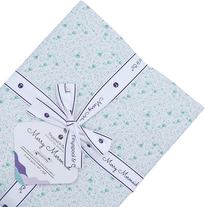 Tinyspool & Co. Quilting Bundle – Merry Mermaid Jelly Roll + 3-Yard Fabric for Each Print: No.19 – Lavender Rose, No.15 – Jade Flora, No.10 – Mint White