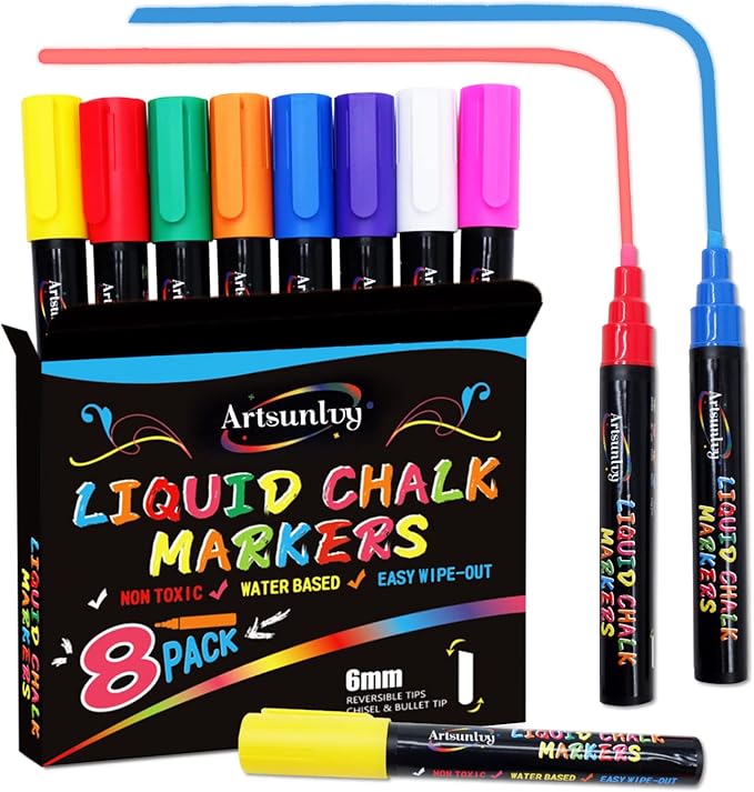 8 Colors Chalk Markers, Chalk Pens, Erase Marker, Non-Toxic, Water-Based, Reversible Tips, Chalkboard Markers for Adult, Car Windows, Glass