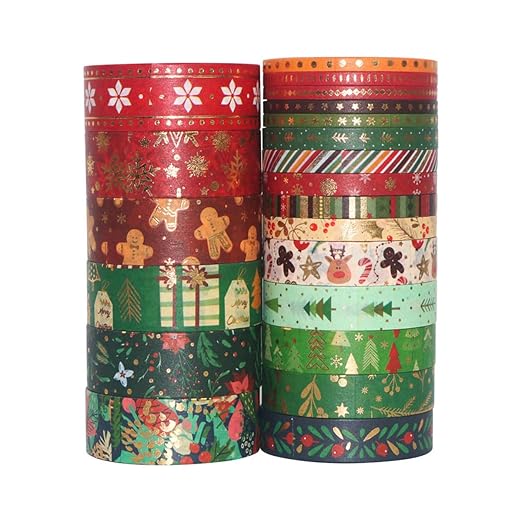 21 Rolls Christmas Gold Foil Washi Tape - Holiday Decor with Snowflake, Deer, Tree Designs - Self-Adhesive Tape for DIY Crafts, Wrapping,Scrapbooking Party Favors