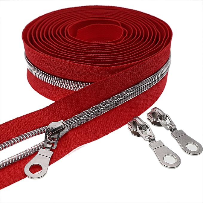 #5 Silver Metallic Nylon Coil Zippers by Yard Bulk Coil Zipper Roll 10 Yards with 25pcs Silver Pull for DIY Sewing Craft Bag(Red) YIGUANXIN