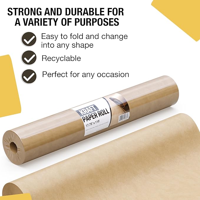 Natural Kraft Paper 17.75" X 1320" (110' Ft) - Brown Colored Roll - Wrapping & Shipping Paper - Perfect for Crafts & Packing by Crown Display