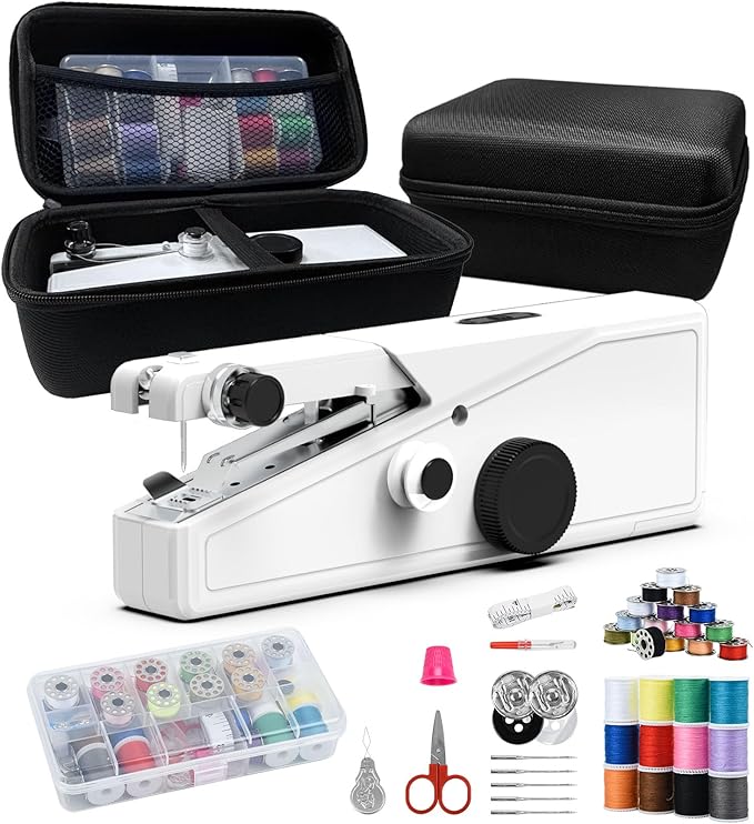Handheld Sewing Machine for Beginners - Portable Cordless Mini Sewing Machine, Complete Sewing Kit & Accessories - Easy Electric Stitching for Home, Travel & DIY Repairs, White
