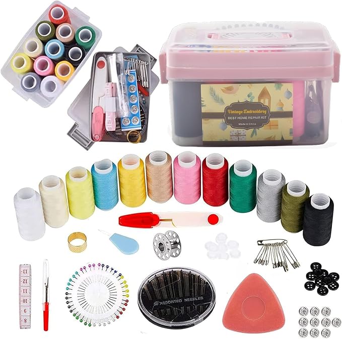 Sewing Kit for Adults & Beginners - Portable Travel Hand Sewing Supplies with Case, Thread, Needles, Scissors - Complete Basic Starter Set (Pink)