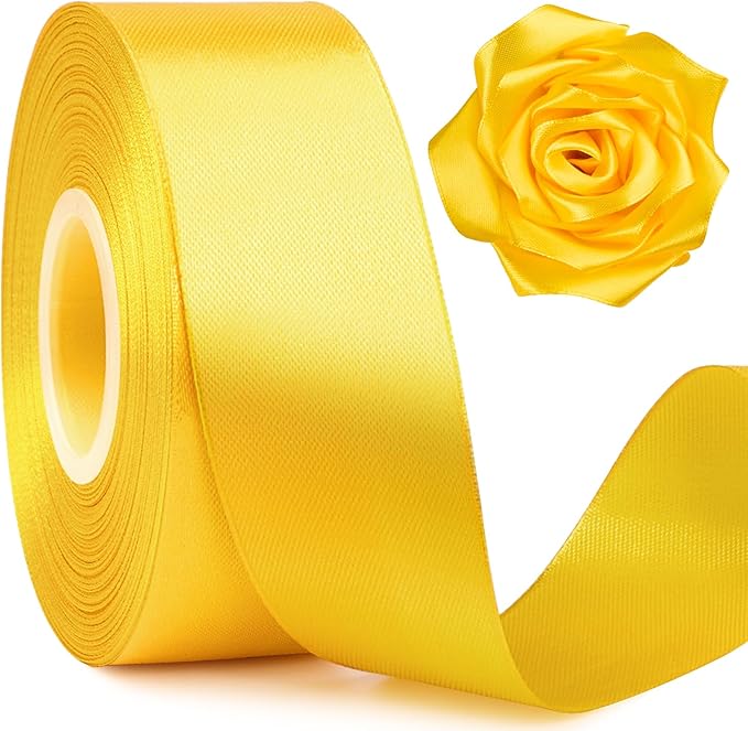 1-1/2 Inch Wide Yellow Satin Ribbon, 50 Yards Solid Polyester Fabric Ribbon for Roses Making, Gift Wrapping, Wedding Decorations, Crafts, Bows