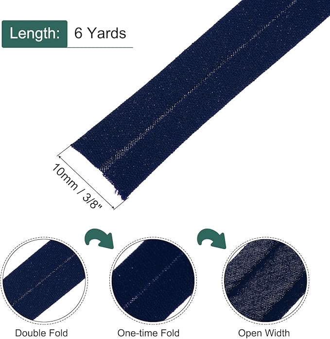 MECCANIXITY 2/5 Inch Double Fold Bias Tape Cotton Continuous Bulk Bias Tape for Sewing,Seaming Quilting Hemming Binding Crafts (Navy Blue 6 Yards)