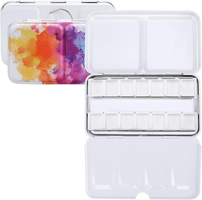 MyArTool Empty Watercolor Palette, Empty Watercolor Tin Box Palette Paint Case, Foldable Watercolor Paint Palette with 12 Empty Half Pans for Watercolor and Acrylic Painting