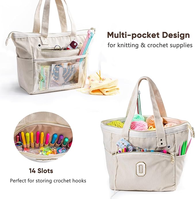 Initial Personalized Crochet Tote - Corduroy Yarn Storage - Yarn Holder & Crochet Organizer for Hooks & Accessories - Project Bag