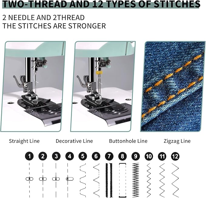 Mini Sewing Machine for Beginners, 12 Built-In Stitches, 2 Speed, Basic Sewing Kit Included，Multifunctional Portable Sewing with Foot Pedal, Light, Perfect for Home Use