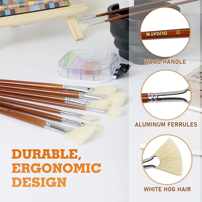 DUGATO Artist Fan Paint Brush Set of 9, White Hog Bristle Natural Hair Anti-Shedding Brush Tips, Long Wooden Handle for Comfortable Holding, Great for Acrylic Oil Painting