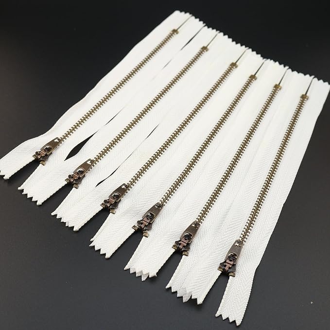 Leekayer 3# Jeans Zipper 8 Inch Antique Brass Metal Zipper 20.32cm Close End Zippers 6pcs,(White-Brass)