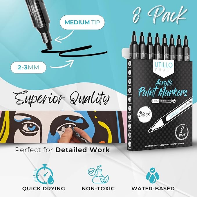 Utillo Craft Black Paint Pen (8-Pack) for Rock Painting, Wood, Glass, Tire, Canvas, Metal, Fabric | Medium 2-3mm Tip Made in Japan | Bold Color Acrylic Black Paint Markers | Perfect Art DIY Gift