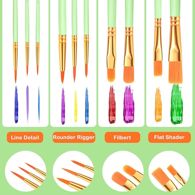 ESRICH Paint Brushes Set,20 Packs 200 Pcs Acrylic Paint Brush Set,Acrylic Oil Watercolor, Face Nail Art, Miniature Detailing,Rock Painting,Painting Artist Professional Kits(Green)