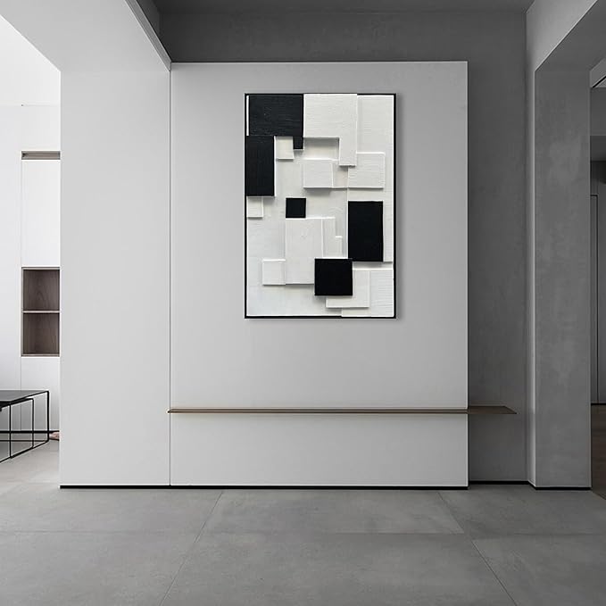 NANKAI Art Hand Painted White and Black Thick Texture Abstract Art Oil Painting 36x24 inch Contemporary Minimalist Art Home Wall Decoration Painting (with Solid Wood Exterior Frame)