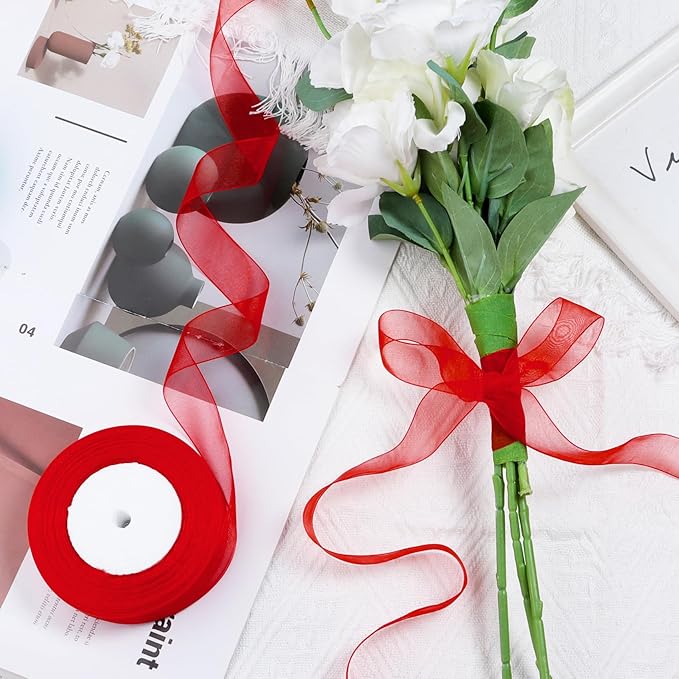 Red Ribbon for Gift Wrapping 1 inch Sheer Organza Ribbon for Flower Bouquet Tulle Thin Chiffon Ribbons for Wedding Invitations Presents Decorations Crafts 50 Yards