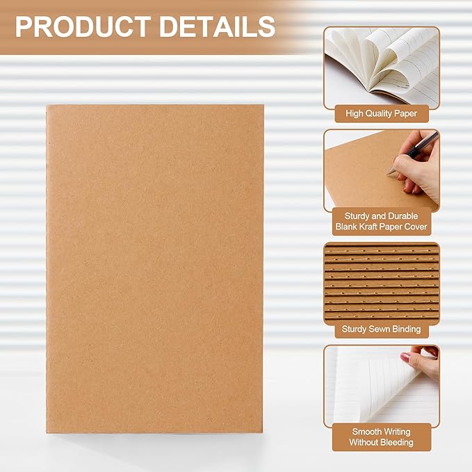 60PCS A5 Lined Composition Notebooks Bulk, 8.3x5.5 Inches Lined Paper Journaling Notebooks, 60 Pages Lined Kraft Notebook Set for Work, School, Student,Kids and Writing