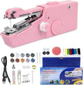 Portable Handheld Sewing Machine Kit Mini USB Electric Stitch Manual Hand Held Stitching Stapler Small Easy Sew Machine Beginners Travel Tiny Tailor Sewing Embroidery Tool Device Heavy Duty (Pink)