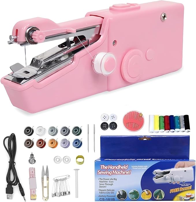 Portable Handheld Sewing Machine Kit Mini USB Electric Stitch Manual Hand Held Stitching Stapler Small Easy Sew Machine Beginners Travel Tiny Tailor Sewing Embroidery Tool Device Heavy Duty (Pink)