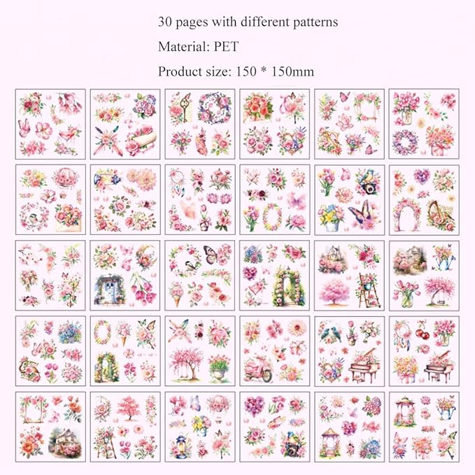 MAFELOE 30 Pages PET Scrapbook Stickers of Creative Flowers Theme, Aesthetic Deco Journaling Supplies for Junk Bullet Diary Album Calendars-Pink (Y3-P-WSSL)