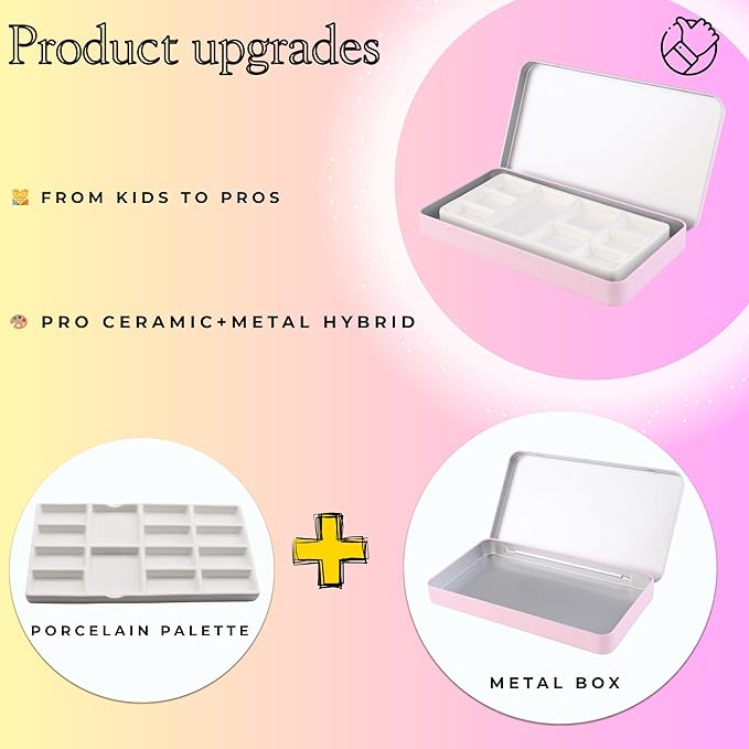 Travel Watercolor Palette, Portable Ceramic Palette 9 Well, Watercolor Palette with Lid, Empty Wet Palette Metal Paint Box with Porcelain Palettes(Pink Box)