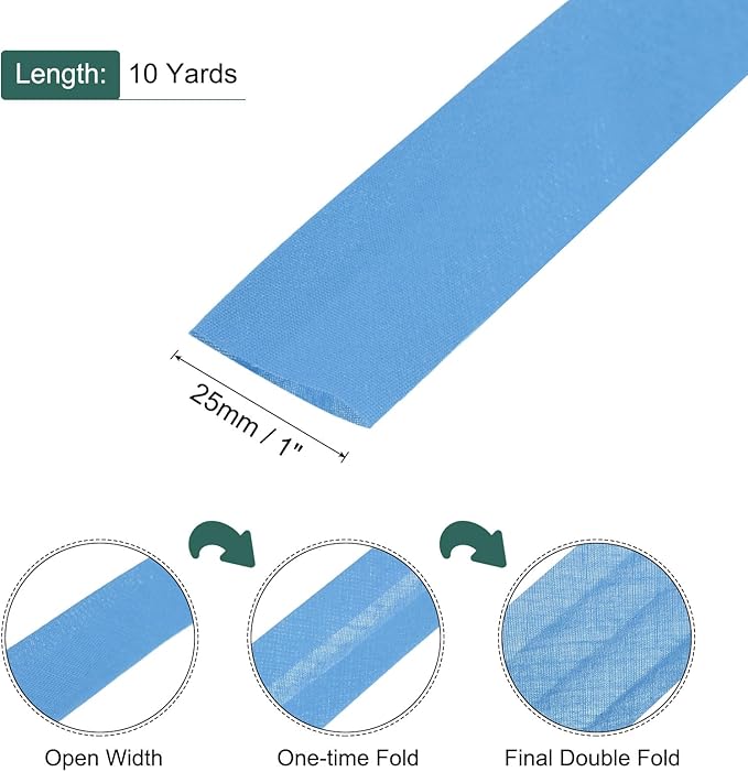 MECCANIXITY 1 Inch Double Fold Bias Tape Polyester Continuous Bulk Bias Tape for Sewing,Seaming Quilting Hemming Binding Crafts (Blue 10 Yards)