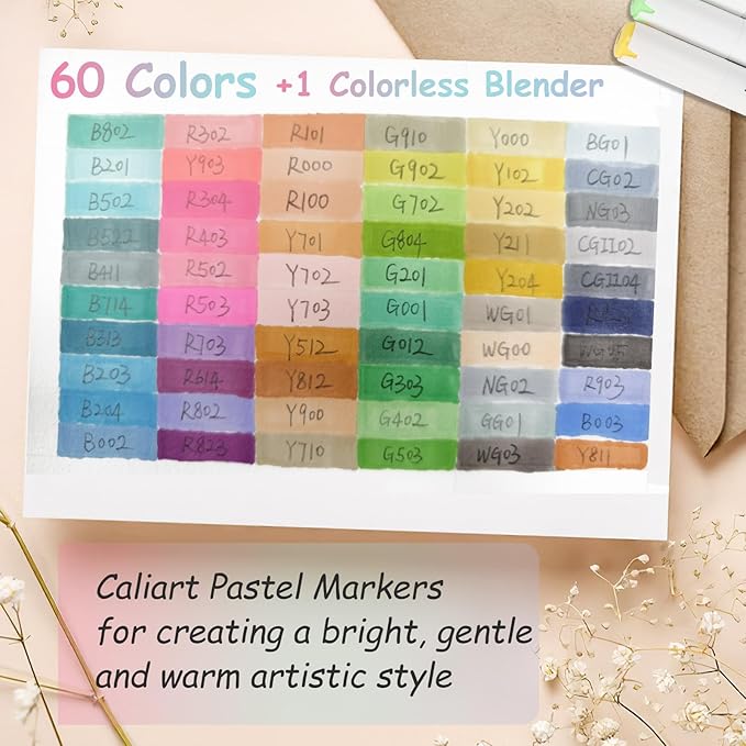Caliart 61 Colors Pastel Alcohol Brush Markers, Drawing Markers Set Dual Tip Brush & Fine Permanent Alcohol Based Colored Art Pens, with Case for Artists Adults Coloring Book