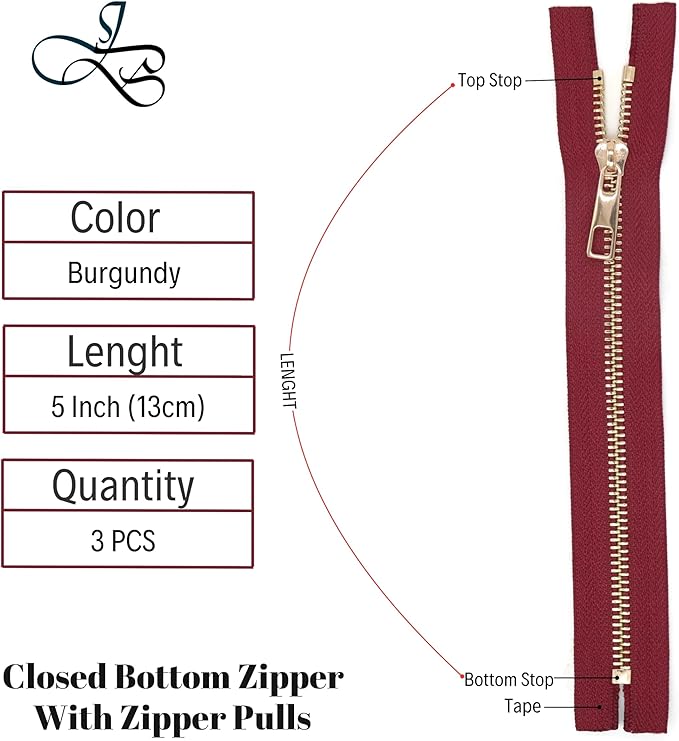 #5 Gold Metal Zipper - 50+ Colors - 3 PCS - (4-14 inches) Sizes - Luxury Lightweight Handcraft Metal Zippers with pulls for Purses Bags Pockets Shoes Sewing & Crafts DIY ZP02185