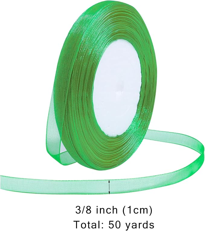 Green Ribbon for Gift Wrapping 3/8 inch Sheer Organza Ribbon for Flower Bouquet Tulle Chiffon Ribbons for Wedding Invitations Christmas Halloween Decorations Crafts 50 Yards