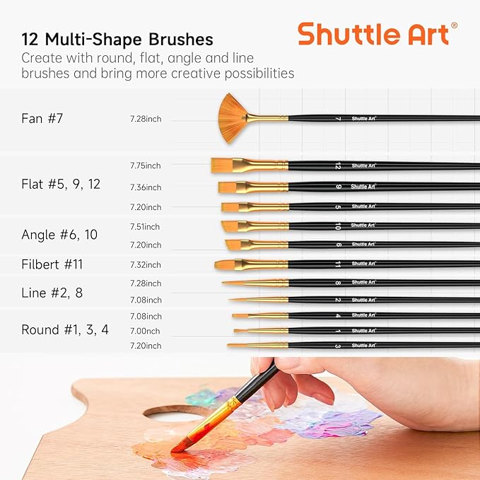 54 Colors Acrylic Paint, Shuttle Art Acrylic Paint set with 12 Paint Brushes, 2oz/60ml Bottles, Rich Pigmented, Water Proof, Premium Paints for Artists, Beginners and Kids on Canvas Rocks Wood Ceramic