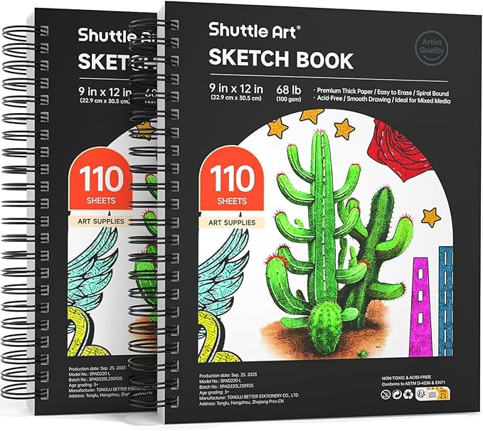 Shuttle Art 9x12” Sketchbook, 220 Sheets Total, Pack of 2(110 Sheets Each), 68lb/100gsm Thick Paper, Spiral Bound Mixedmedia Sketch Pad, Acid-free Drawing Pad for Kids Adults Artists Sketching Drawing
