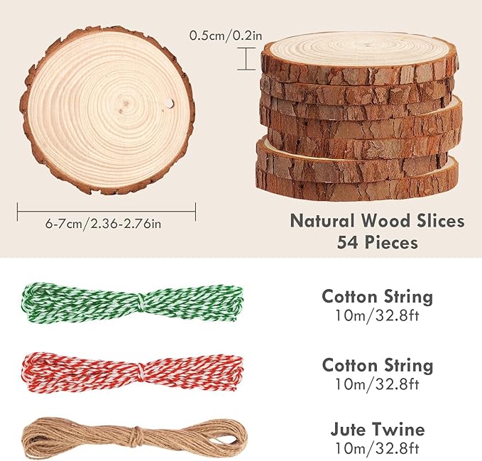 54Pcs Wood Slices, LOOFORE 2.4"-2.8" Unfinished Natural Wood Rounds with Pre-drilled Hole, for Burning Painting DIY Crafts Christmas Ornaments Party Wedding Decor