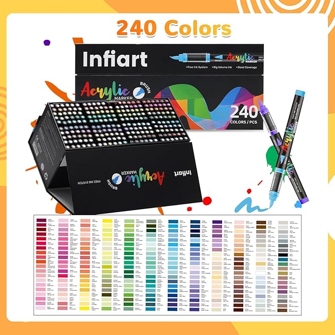 240 Colors Acrylic Paint Markers Brush Tip, Automatic Ink Control Acrylic Paint Pens Waterproof Acrylic Markers Set for Christmas Decorations, Stone, Wood, Glass, DIY & Art Supplies