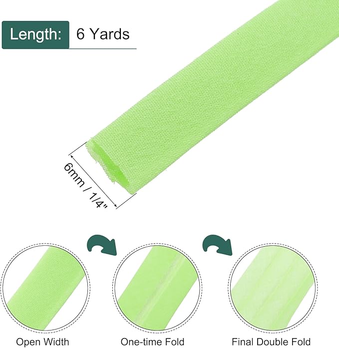 MECCANIXITY 1/4 Inch Double Fold Bias Tape Continuous Bulk Cotton Bias Tape for Sewing Seaming Quilting Hemming Binding Crafts (Green 6 Yards)