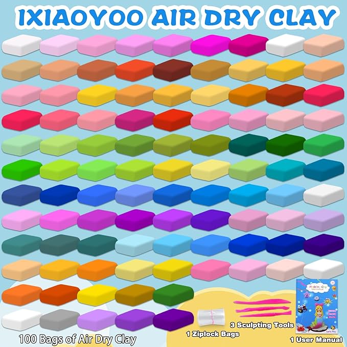 Air Dry Clay, 100 Colors Modeling Clay for Kids, Safe & Non-Toxic, DIY Model Art & Crafts Toys with Sculpting Tools, Home Party Favors, Birthday & Christmas Gifts for Ages 3-12 Boys & Girls