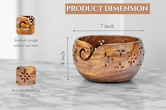 Large Yarn Bowl for Crocheting, Indian Rosewood Knitting Wooden Large Yarn Bowl Holder, Handmade Crocheting String Storage Holder, Knitting Crochet Accessories. (Brown)