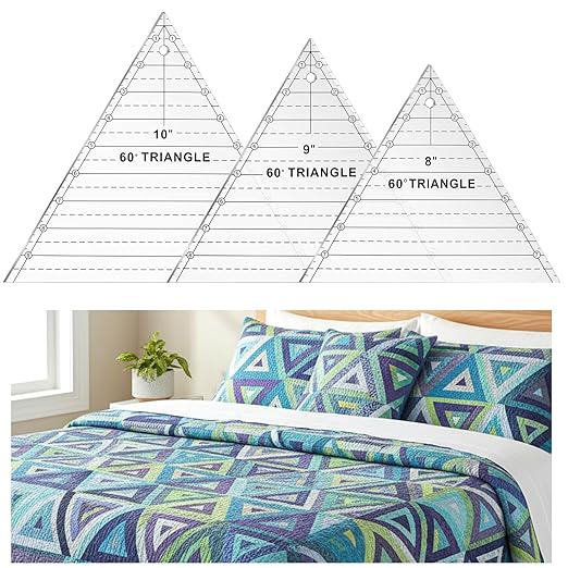 3 Pcs 60 Degree Triangle Ruler for Quilting, Clear Acrylic Quilting Templates Rulers 8 9 10 Inch Sewing Dedicated Ruler for Cutting, Measurement, DIY Craft Tools