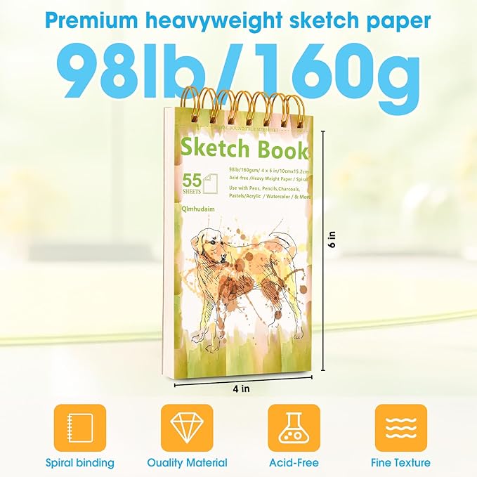 Qlmhudaim Portable Travel Sketchbook | Spiral Bound 4x6 with Tear Line, 55 Sheets 98lb/160g | for Watercolor & Quick Sketching |Portable Travel Art Suitable for Kids, Adults & Artists