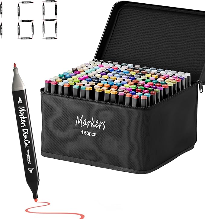 wyewye Alcohol Markers, 168 Colors Dual Tip Permanent Art Marker Set for Artists, Coloring Painting Supplies Sketch Drawing Pens for Adults, Holiday Present for Students (Black)