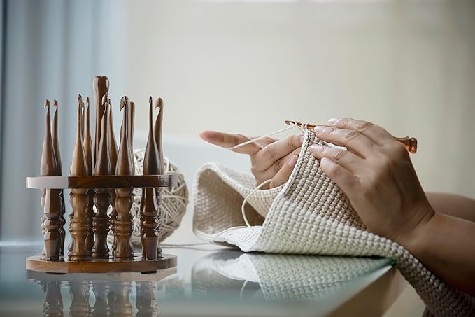 DnU Avenue Sheesham Wood Set of 13 Ergonomic Crochet Hooks 3.5 MM to 12 MM, Wooden Yarn Crochet Hooks for Arthritic Hands, Knitting & Crochet Storage, Soft Grip, Wood Finish, Brown (Only Hooks)
