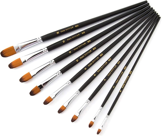 9 Pcs Filbert Long Handle Artist Paint Brush Set, Quality Synthetic Hair and Wooden Handle for Acrylic Watercolor Oil Painting, Great for Beginners and Professionals