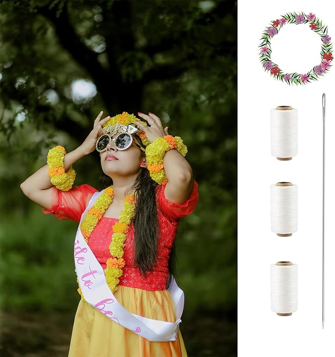 Lei Needle Kit, 6 Pcs Extra Long Sewing Needles 6 Rolls Lei Needle Twine 1 Needle Storage Tube 1 Sewing Scissors, Long Upholstery Needles for DIY Graduation Hawaiian Flower Lei Making(14", 12", 9.1")