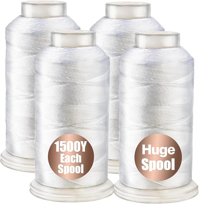 4Pcs White Nylon Thread for Sewing,210d/3 Upholstery Thread Heavy Duty,4 Cone of 1500 Yards Each Leather, Weave Needle,Serger Overlock Machine for Sewing Hair