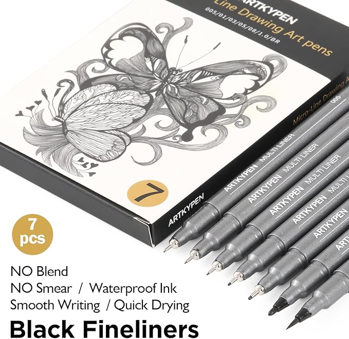 Micro Fineliner Drawing Art Pens: 7 Sizes Black Fine Line Waterproof Ink pen set, Artist Supplies for Adults Sketching Anime Manga Watercolor Calligraphy Technical Illustrators