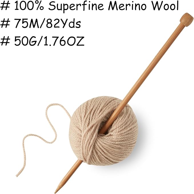 100% Merino Wool Yarn 3-Ply Luxurious and Soft Yarn for Hand Knitting & Crocheting (Khaki, 1Ball)