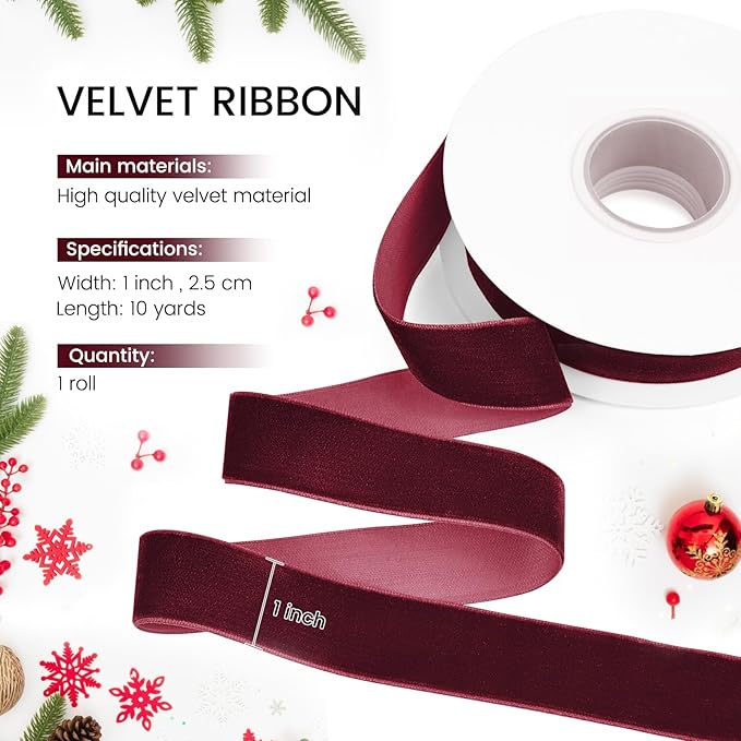 Wine Red Velvet Ribbon, 1 inch 10 Yards Vintage Velvet Ribbons Perfect for Christmas Tree Ornaments, Gift Wrapping, Wedding Decoration, Bows, Sewing, Crafts, Wreath and More
