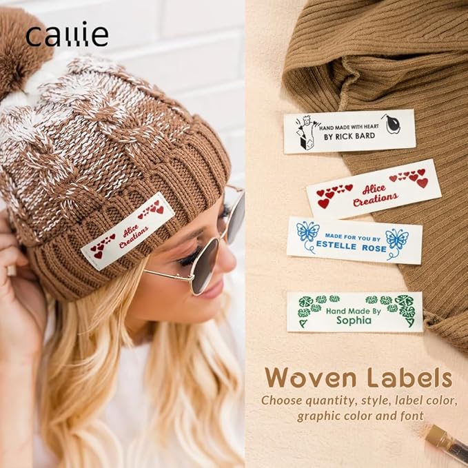 callie Personalized 25-200Pcs Sewing Labels - Custom Text & 10 Cute Pattern, Fabric Handmade with Love Sewing Tags for Clothes, Gifts for Knitting DIY Craft Lovers