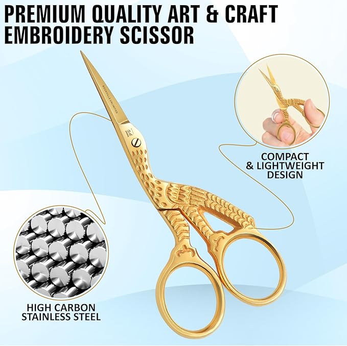 Golden Stork 3.5 inch Embroidery Scissors Gold Plated for Small Sharp Tip Cross Stitch Crane Design Stainless Steel Bird Scissors for Sewing Art & Craft Craft Stitch Cutting Sewing scissors.