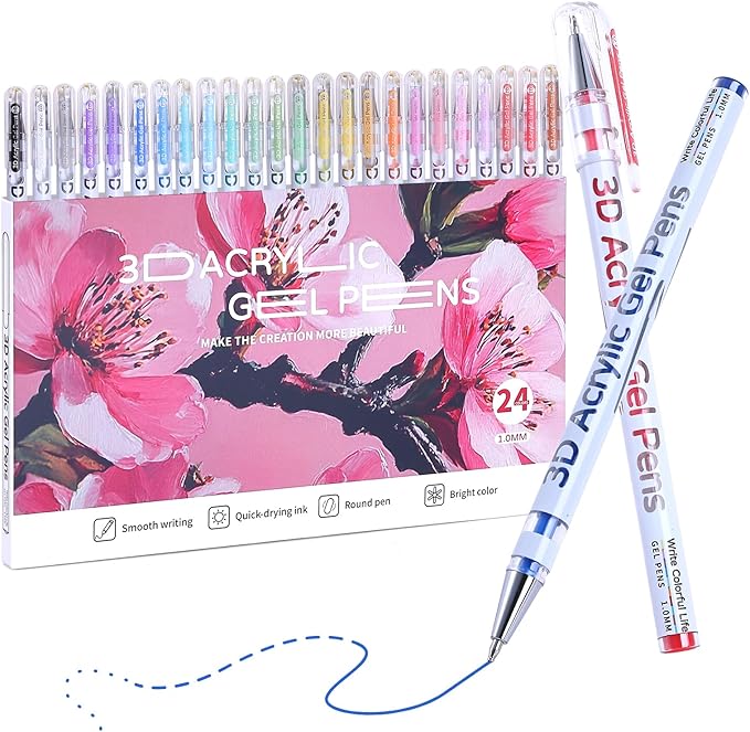 3D Acrylic Gel Pen,24 Colors Gel Pens With 1mm Bullet Tip Point, Acrylic Paint Pens for Black Paper,Rock Painting, Glass, Wood, Fabric,Cards,Scrapbook,DIY Art Crafts