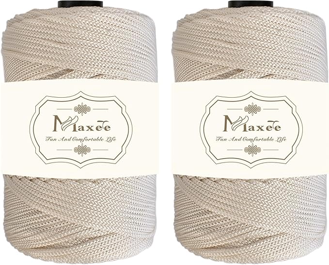 Maxee Premium Polyester Macrame Cord 3 mm × 218 yd (2 Pack),3mm 100% Polypropylene Macrame Cord,Ideal for Crochet, Wall Hangers, Bags, Rugs & DIY Crafts（Beige）