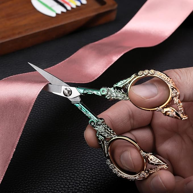 Embroidery Scissors, Sharp Pointed Sewing Scissors for Craft Cross Stitch Needlework Artwork Knitting Threading Small DIY Tools, 4.6in Gold Green Cute Bird